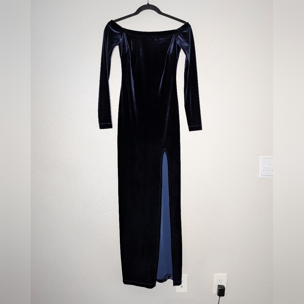 Pear Culture Navy Blue Velvet Off Shoulder Glam Side Slit Maxi Dress 0 XS